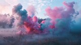 Burst of colored smoke bombs creating a foggy dreamlike scene