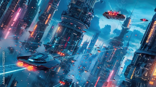 Futuristic cityscape with flying cars and neon-lit skyscrapers photo