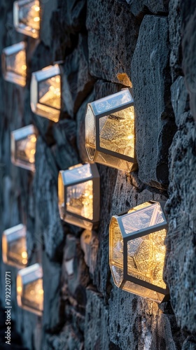 Luminous glass hexagons embedded in a dark stone wall