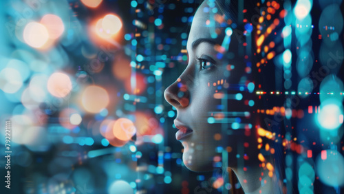 Futuristic portrait of a beautiful woman in front of technology background
