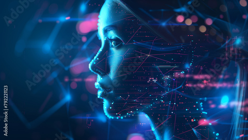 Futuristic portrait of a beautiful woman in front of technology background
