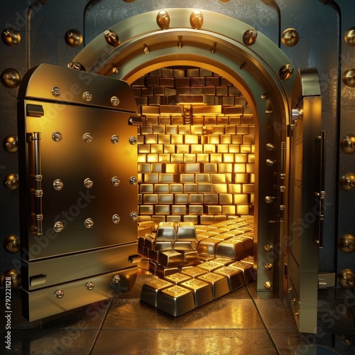 3D gold vault door opening to reveal stacks of gold bars photo