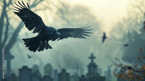 A haunting scene with a lone raven in flight against a blurred graveyard backdrop, its silhouette evoking the mystery of death and the captured essence of the past