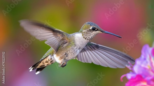A determined hummingbird in flight, hovering near a blurred flower, symbolizing the delicate balance between freedom and the pursuit of goals © INT888