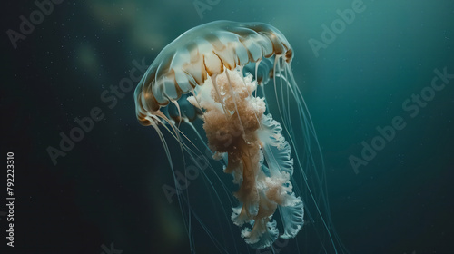 Translucent jellyfish pulsate alongside colorful fish in a mesmerizing underwater. © Alice a.