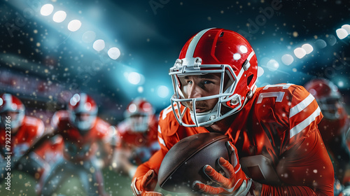 An American football player in red uniform positioned to run, realistic style, on a blurred stadium background, concept of sports and competition. Generative AI