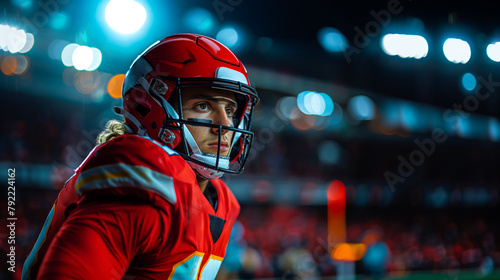American football player in uniform, focused gaze, blurred stadium lights in the background, capturing the intensity of sports. Generative AI photo