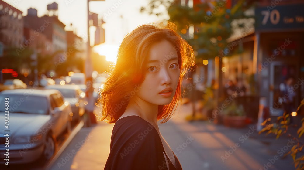A stylish asian woman portrait, walks down a city street at golden hour