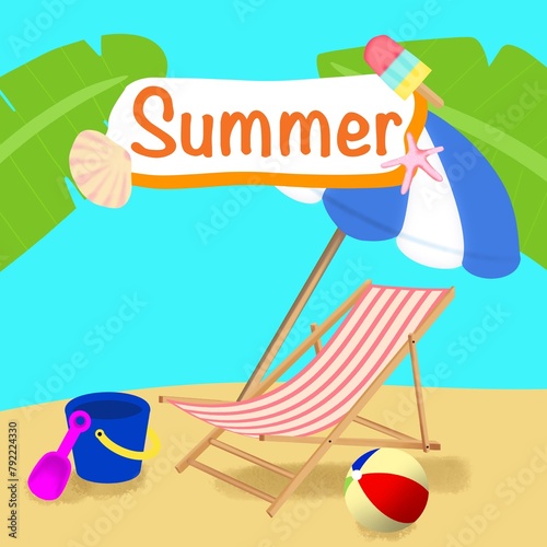 Untitled Arsummer theme square post background, copy space, beach toys, sand, beach chair, advertising, banner,twork