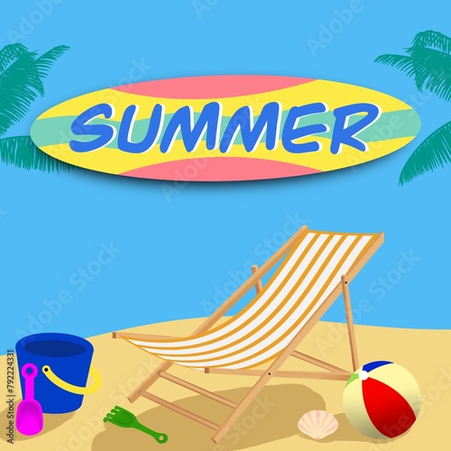 summer theme square post background, copy space, beach toys, sand, beach chair, advertising, banner,