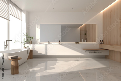 A tranquil bathroom with a minimalist vanity and a large  frameless mirror  creating an airy and open feel.