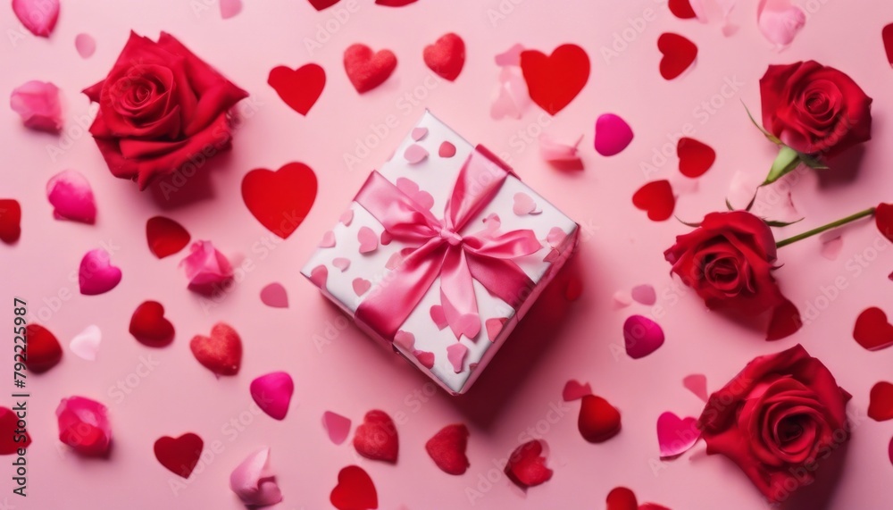 'confetti pastel mother top rose lay red present view. pink background day festive Flat hearts gift Valentine composition flowers greeting box nubes card'