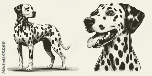 Dalmatian dog illustration Set. Hand Drawn Pen and Ink. Vector Isolated in White. Engraving vintage style drawing for print, tattoo, t-shirt