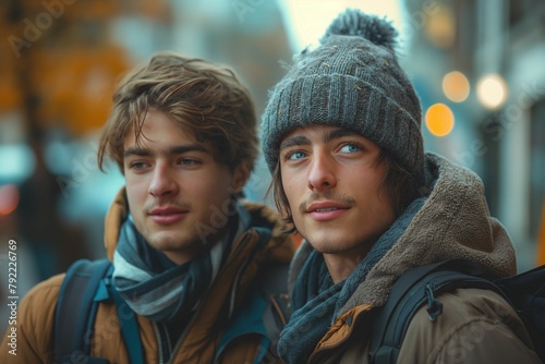 Contemplative Young Men in Winter Attire Gazing Distantly in Urban Setting photo