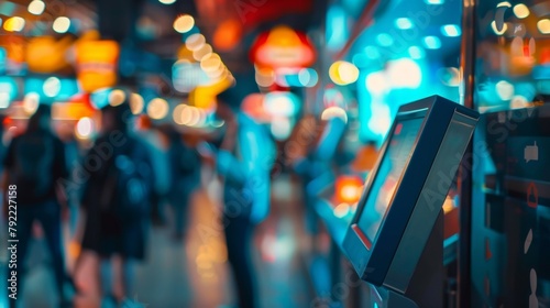 Defocused background image of a busy selfcheckout kiosk where customers seamlessly scan and pay for their items with their mobile devices creating a modern and efficient shopping experience. .