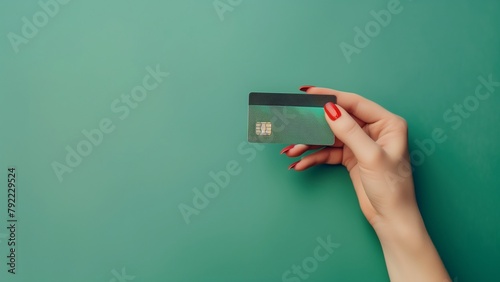 Female hand holding credit card on green background