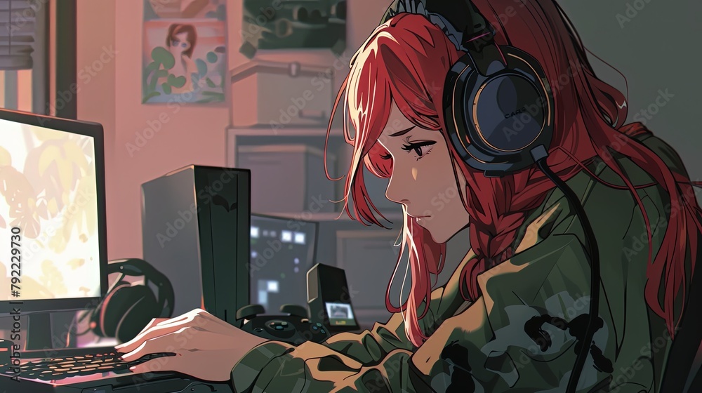 Gamer, tired anime girl playing video games with headphones, red hair, generative ai technology. anime girl. Illustration