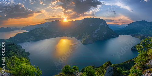 sunrise over the mountains with lake