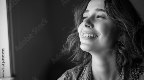 This is a black and white photo of a young woman smiling with her head tilted up and eyes closed.