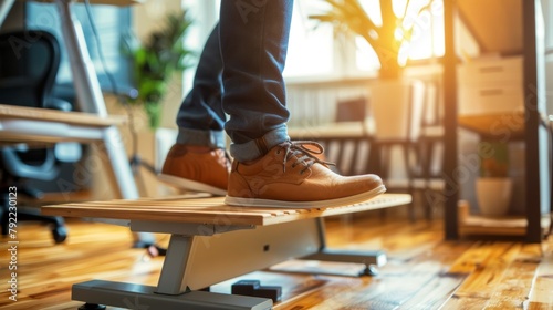 Closeup of a persons feet wearing comfortable shoes standing on a balancing board while working at a standing desk showcasing the importance of physical flexibility in adapting to . photo