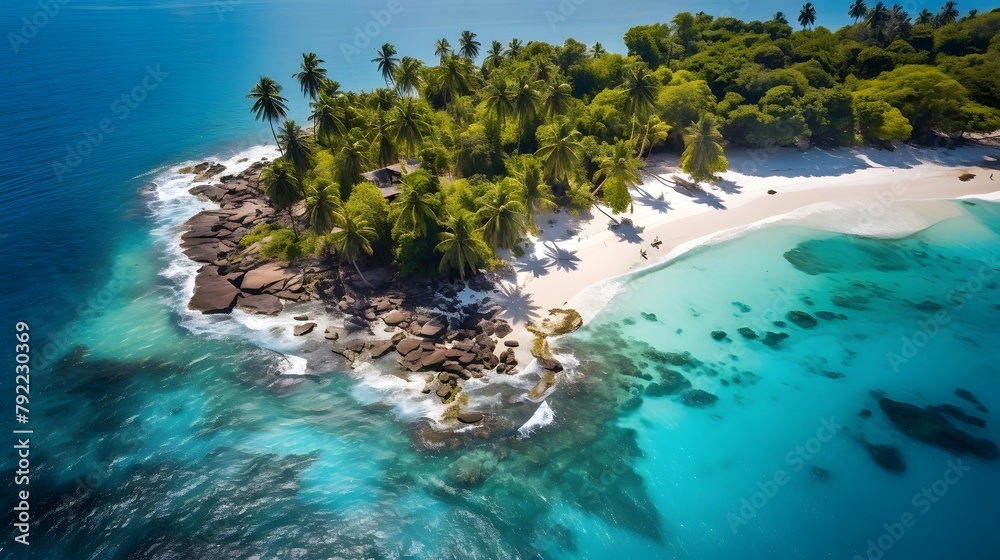 Aerial view of beautiful tropical beach with white sand, turquoise water and palm trees at Seychelles