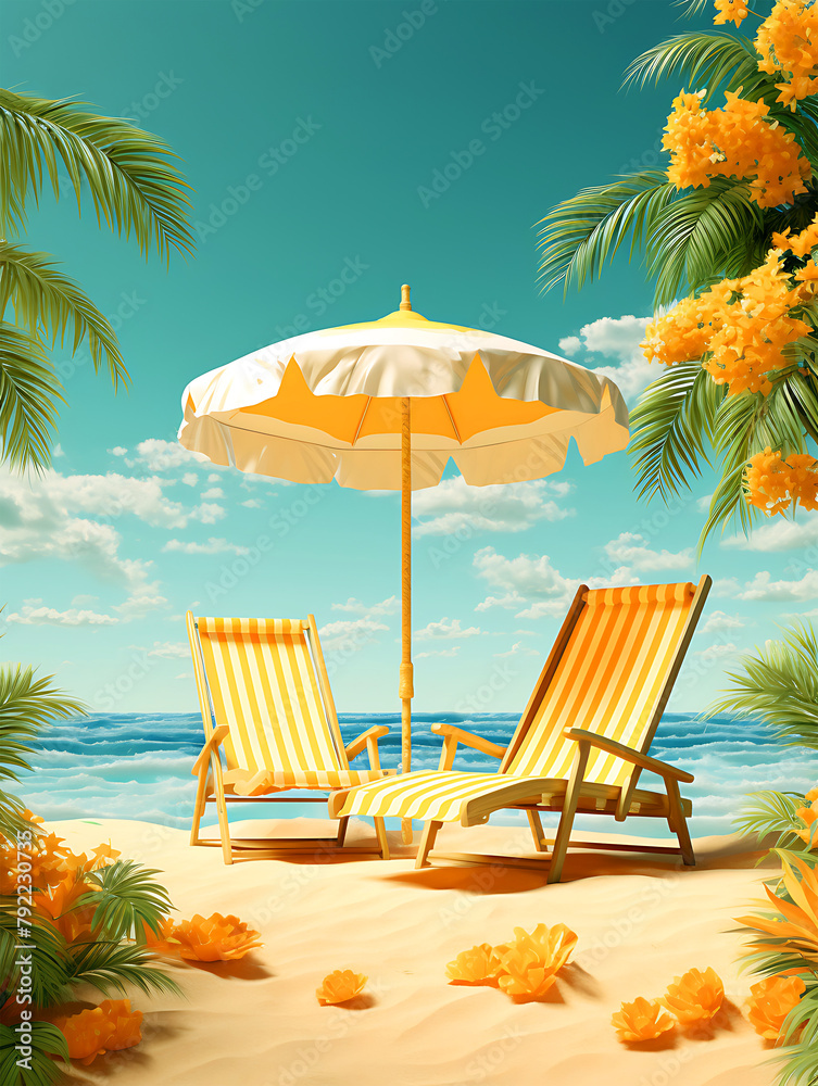 two lounge chairs with a beach umbrella and the ocean in the background