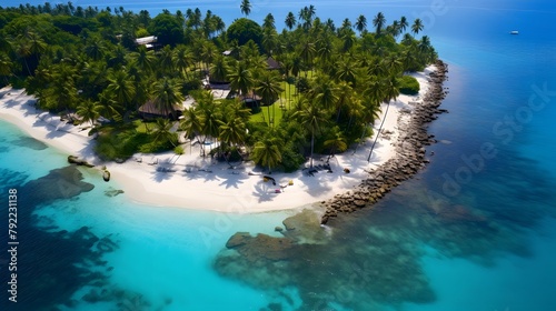 Aerial view of beautiful tropical island with palm trees and turquoise sea