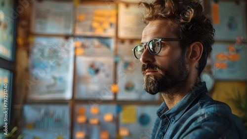 A focused businessman analyzing project plans on wallmounted boards in office. Concept Business Strategy, Project Management, Professional Development, Workplace Efficiency