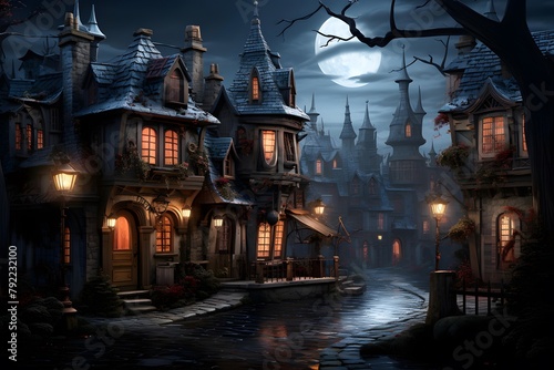 Night scene with a haunted house and a full moon in the background