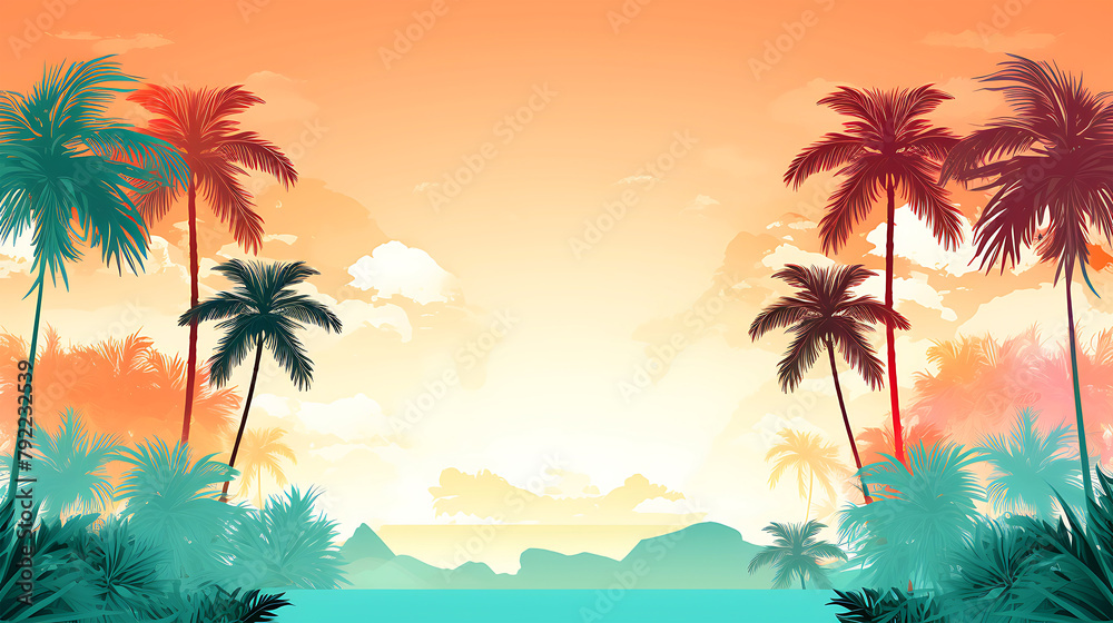 a beach scene and palm trees