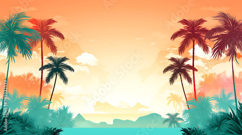 a beach scene and palm trees
