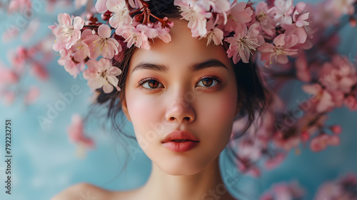 A beautiful asian woman portrait with pink sakura flowers 