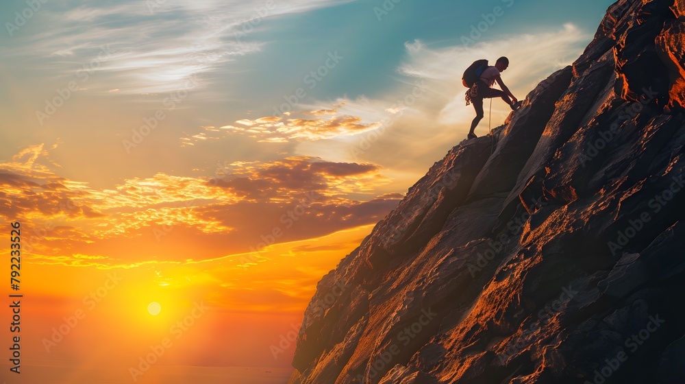 Solo climber ascending a steep cliff against a dramatic sunset sky