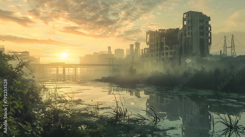 Naklejka premium Sunrise over dilapidated urban landscape reflecting on calm waters amidst overgrown foliage