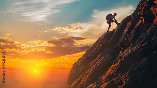 Solo climber ascending a steep cliff against a dramatic sunset sky