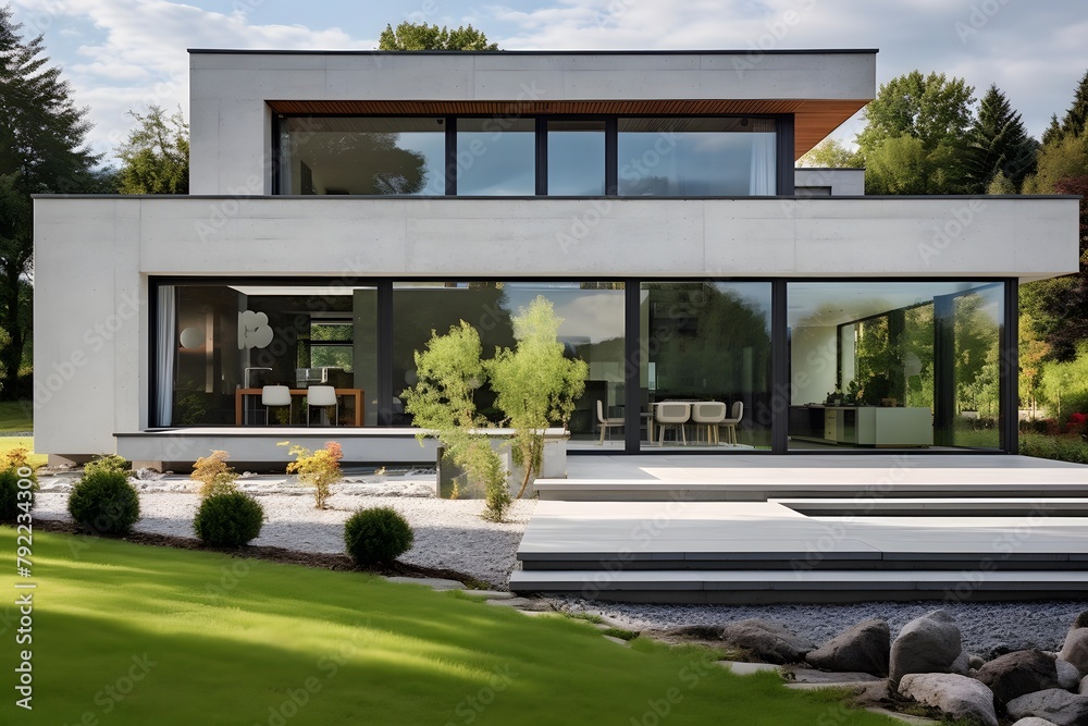 Modern house exterior with garden and lawn. Exterior of a modern house