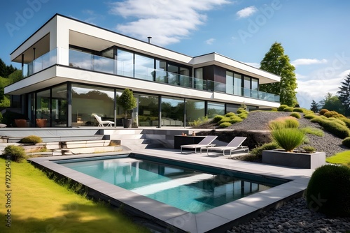 Modern house exterior with swimming pool. Luxury house in the garden © Iman