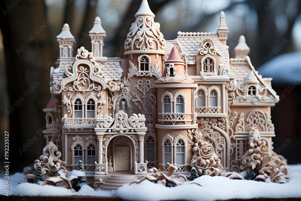 Gingerbread house in winter. Christmas and New Year concept.