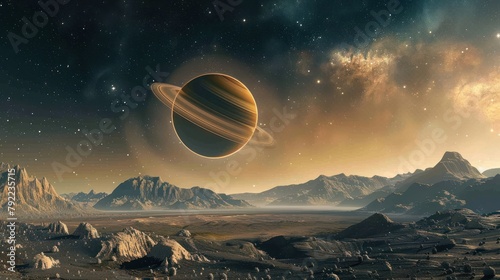 Universe saturn planet in space with panorama landscape fantasy background