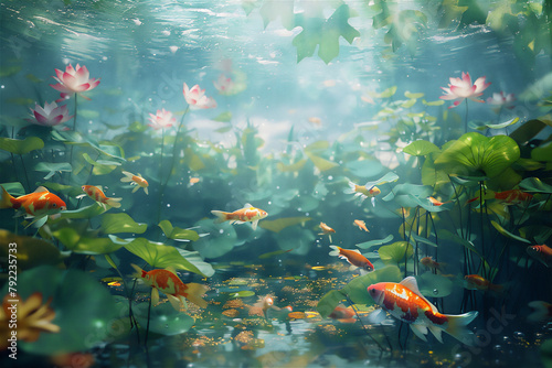Under water view of pond in garden with Koi goldfish and lotus flowers
