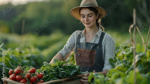 Portrait of female farmer arranging fresh organic vegetable products from her harvest in the garden