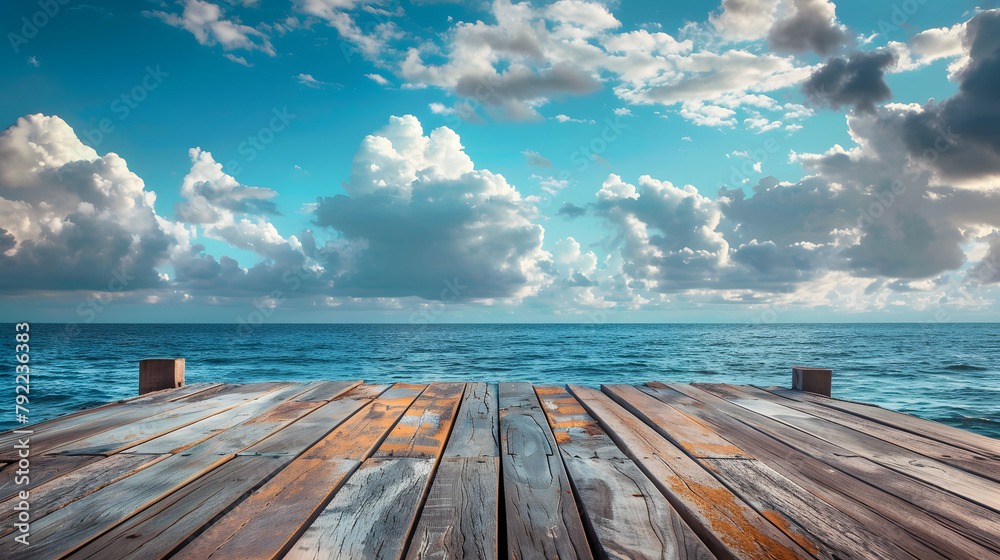 An empty space, long wooden pier juts out towards the horizon on a beautiful ocean sea in summer day