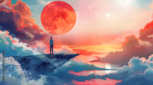 Dramatic landscape with fiery sunset colors bleeding into a dark, star-studded night sky above the ocean, design in illustration photo