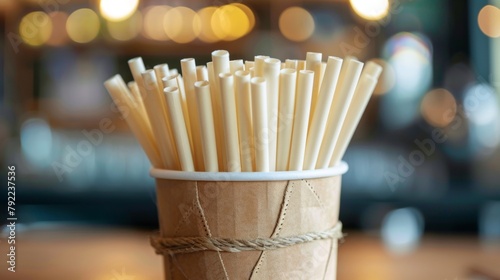 Closeup of compostable paper straws in a cardboard sleeve offering a sustainable alternative to singleuse plastic straws. . photo