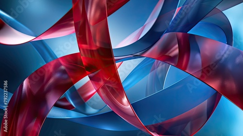 Abstract red and blue ribbon shapes intertwining in a dance