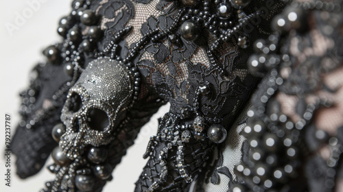 A pair of black lace gloves adorned with jet beads in the shape of skulls and spiders symbolizing the dark and macabre aspect of death in Victorian mourning culture. .