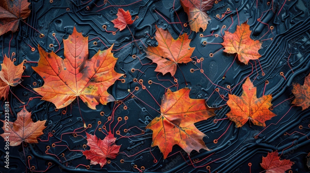 Maple leaves and organic circuits spreading through the veins