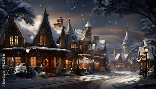 Winter village with snow covered houses at night. 3D illustration.