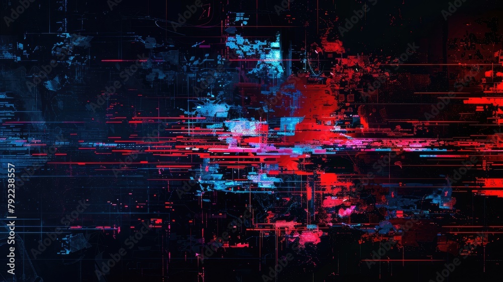 Red and blue digital glitch art on a black background
