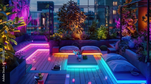 Rooftop neon garden with glowing plants and relaxation areas photo